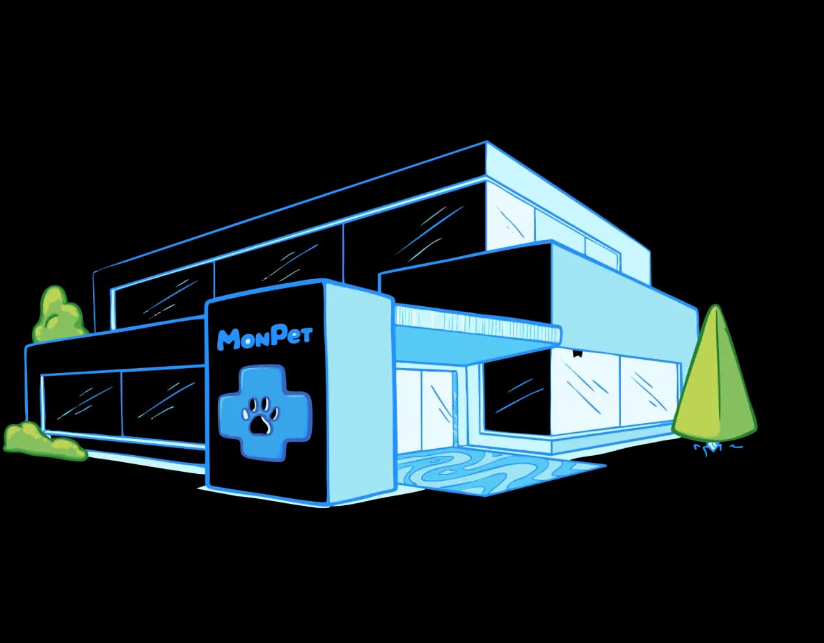 Современная ветеринарная клиника MonPet с логотипом и большим стеклянным фасадом